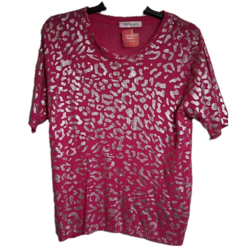 NWT Women's Red Wagon  Hot Pink Leopard Light Short Sleeve Sweater Top Sz M/L